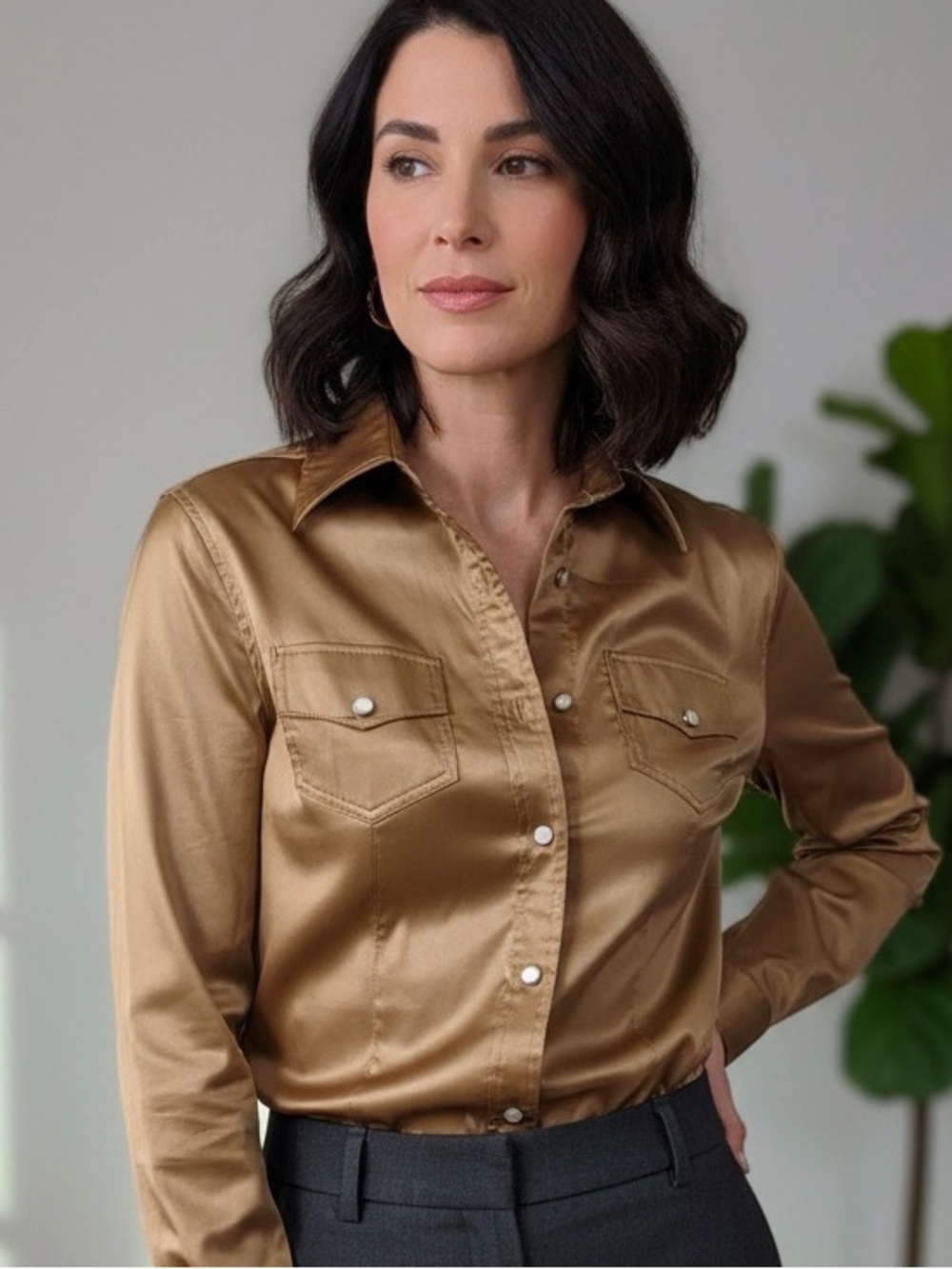 Vintage Jou Jou Satin Button-Down Shirt - Gold